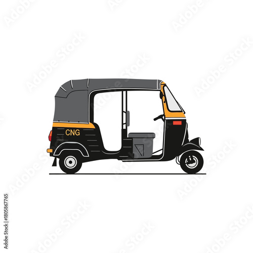 Black and yellow cng auto rickshaw isolated on white background