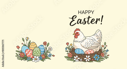 A charming illustration for Happy Easter featuring a white hen sitting in a nest with colorful decorated eggs and spring flowers.
