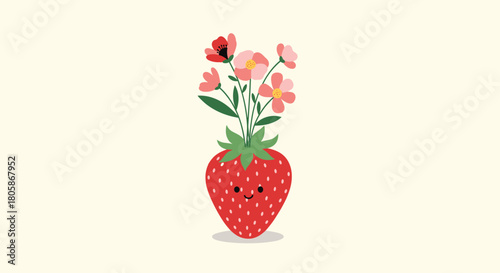 A cheerful cartoon strawberry with a happy face serves as a delightful vase for a lovely bouquet of pink and red flowers.