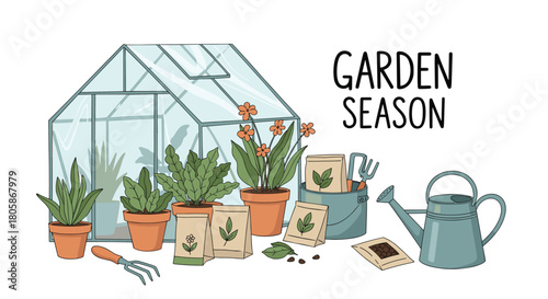 An illustration of garden season essentials featuring a greenhouse, potted plants, seed packets, and various gardening tools for planting.