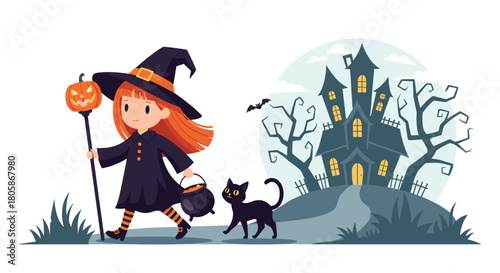 A cute little witch girl, accompanied by her black cat, walks towards a spooky haunted house on a hill, ready for Halloween trick-or-treating.
