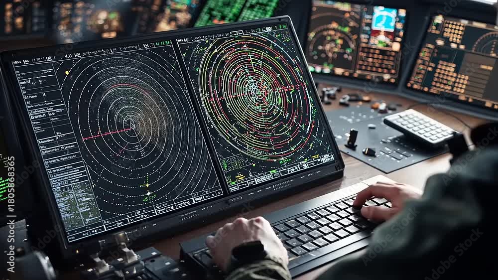 Operator monitoring radar screens with complex data visualizations in a ...
