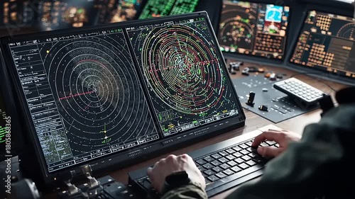 Operator monitoring radar screens with complex data visualizations in a high-tech control room