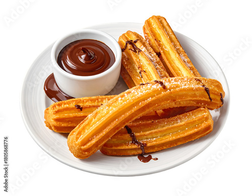 Churros. Churros on a plate with hot chocolate sauce isolated on transparent png