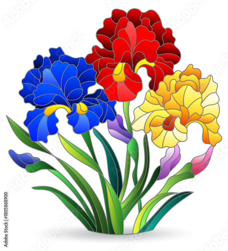 A set of illustrations in the style of stained glass with floral arrangements, bouquets of iris flowers isolated on a white background