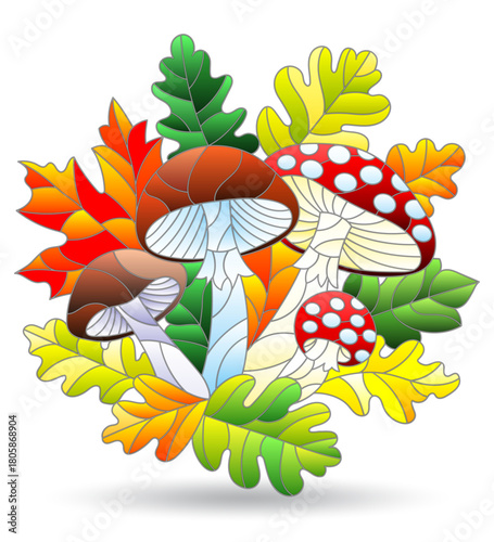 A set of stained glass illustrations with a mushroom composition, isolated on a white background