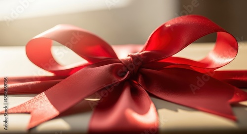Vivid red satin bow sits atop a package bathed in warm diffused sunlight
