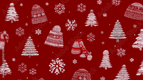 Seamless winter pattern with white knitted objects on red background.