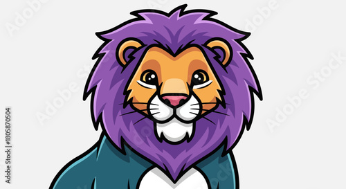 Cartoon lion with purple mane and friendly expression looking forward.