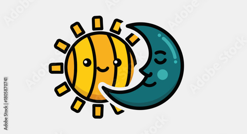 Cartoon Sun and Moon Embracing in a Whimsical Design.