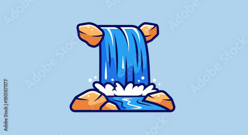 Cartoon waterfall cascading over rocks with blue water and white foam.