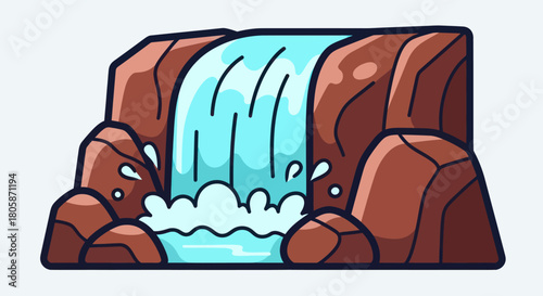 Cartoon waterfall cascading over rocky cliffs with splashing water and vibrant colors.