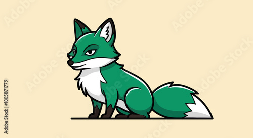 Charming Green Fox Cartoon Illustration Sitting Alertly.