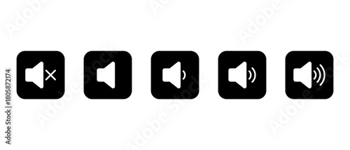 Speaker volume icon in black square. Sound and audio level symbol. Mute and loud speaker sign