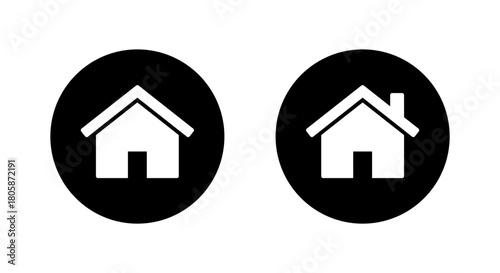 House icon with chimney. Real estate home symbol in black circle
