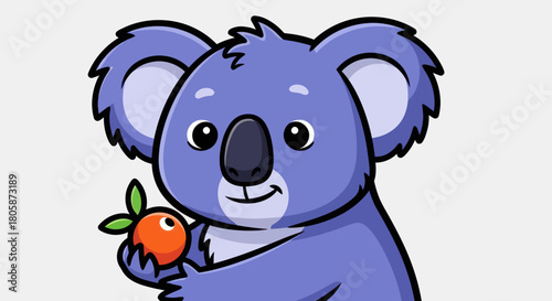 Cute Cartoon Koala Holding a Small Orange Fruit.