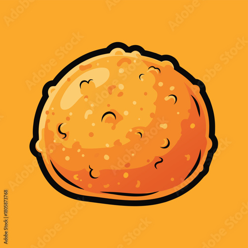Cartoon illustration of a single, round, golden-orange fried food item with a textured surface on a plain orange background.