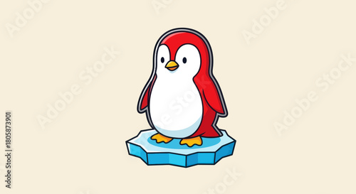 Cute cartoon red penguin standing on an ice floe.