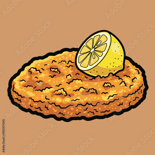 A cartoon illustration of a golden-brown breaded cutlet with a fresh lemon half on top.