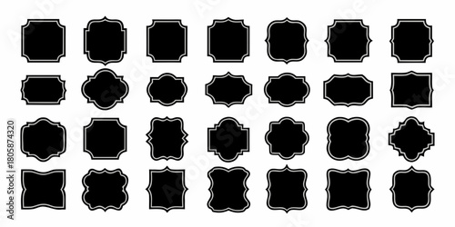 Collection of diverse black decorative frames and borders with light gray outlines on a white background