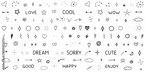 Collection of hand drawn doodle elements including hearts stars arrows clouds and text for design