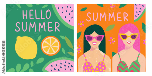 Hello summer greeting with two girls in sunglasses and tropical fruit illustrations