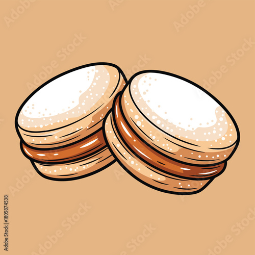 Two delicious alfajores with dulce de leche filling and powdered sugar dusting on a light brown background.