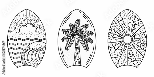 Three stylized surfboard outlines featuring a beach wave scene a palm tree and a sunburst design