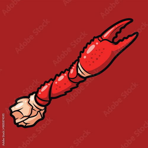Vibrant red crab claw with a white base, depicted on a plain red background.