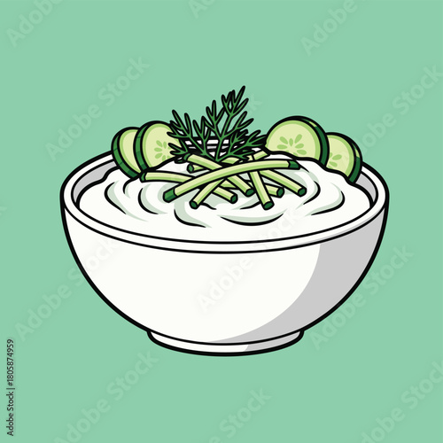 A cartoon illustration of a bowl of creamy white dip garnished with cucumber slices and fresh dill on a light green background.