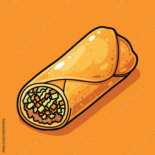 Cartoon illustration of a golden fried spring roll with visible vegetable and meat filling on an orange background.