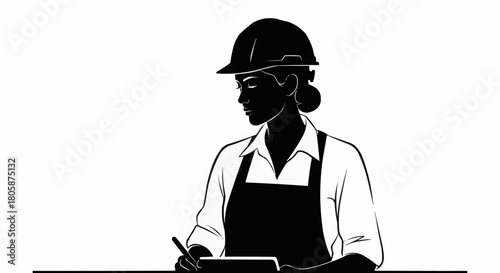 Silhouette of a female construction worker in a hard hat and apron, holding a pen and clipboard, looking to the side.