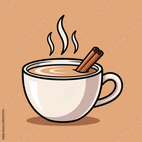A cartoon illustration of a steaming cup of chai tea with a cinnamon stick, on a warm brown background.