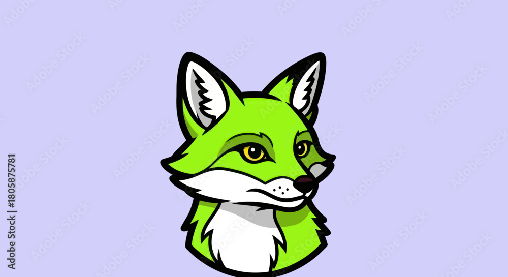 Fototapeta premium Green fox illustration with detailed features and a focused gaze on a light purple background.