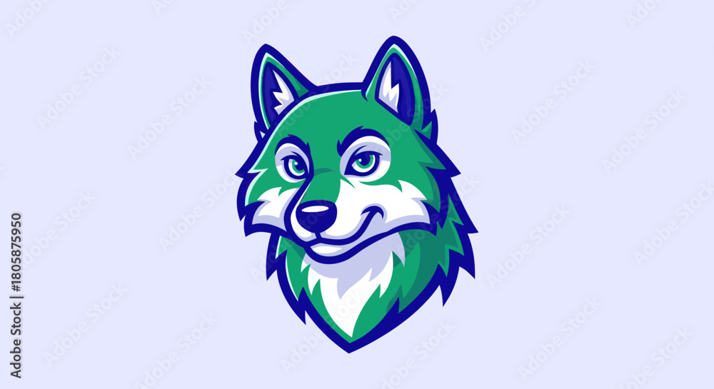 Fototapeta premium Green Wolf Head Illustration with Blue and White Accents.