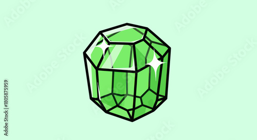 Illustration of a Sparkling Green Gemstone with Facets and Black Outline.