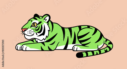 Green Tiger Illustration Resting Peacefully with Black Stripes and Yellow Eyes.