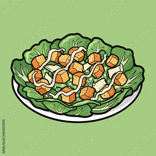 A vibrant cartoon illustration of a fresh Caesar salad with crisp romaine lettuce, golden croutons, and creamy dressing on a white plate.