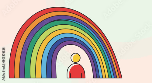 Person under a vibrant rainbow arch, symbolizing hope and diversity.