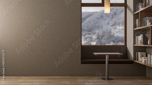 Fototapeta Naklejka Na Ścianę i Meble -  Stool table and bench under lamp and window with snowy scenery and bookshelf on wooden parquet floor