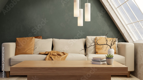 Fototapeta Naklejka Na Ścianę i Meble -  Books and vase on wooden table and sofa couch chair under lamp and roof window in attic living room.