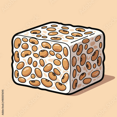 An illustration of a block of tempeh, a fermented soybean product, showing the individual soybeans embedded in the white mycelium.