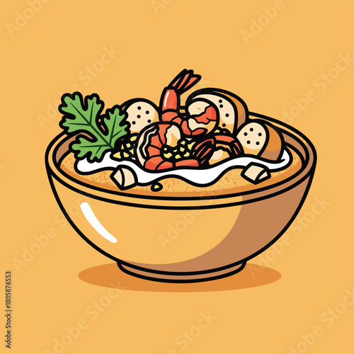 A cartoon illustration of a delicious bowl of shrimp soup with dumplings and fresh herbs.
