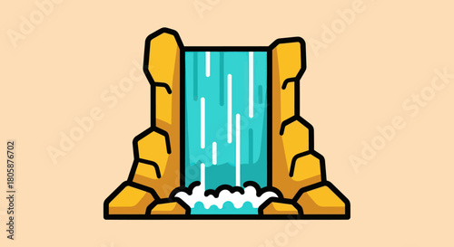 Stylized cartoon illustration of a waterfall flowing between rocky cliffs.