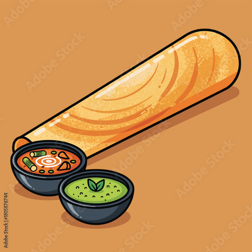 A cartoon illustration of a golden-brown dosa served with two bowls of traditional Indian dips, sambar and green chutney, on an orange background.