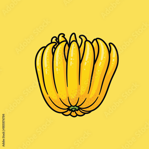 Vibrant cartoon illustration of a Buddha's Hand citron fruit with a bright yellow background.