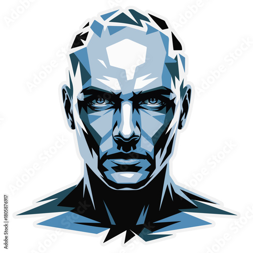 An artistic blue geometric portrait of a man, with sharp angular shapes forming the face and features. The gaze is direct and the overall effect is both modern and intriguing