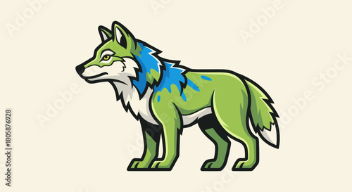 Stylized green wolf with blue mane vector illustration.