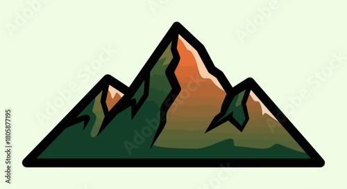 Stylized mountain range icon with orange sunset peaks.