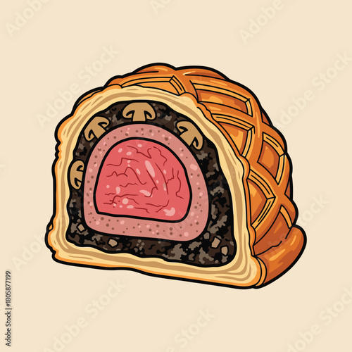 A vibrant illustration of a cross-section of a classic Beef Wellington, showcasing its golden pastry, mushroom duxelles, and perfectly cooked pink beef tenderloin.